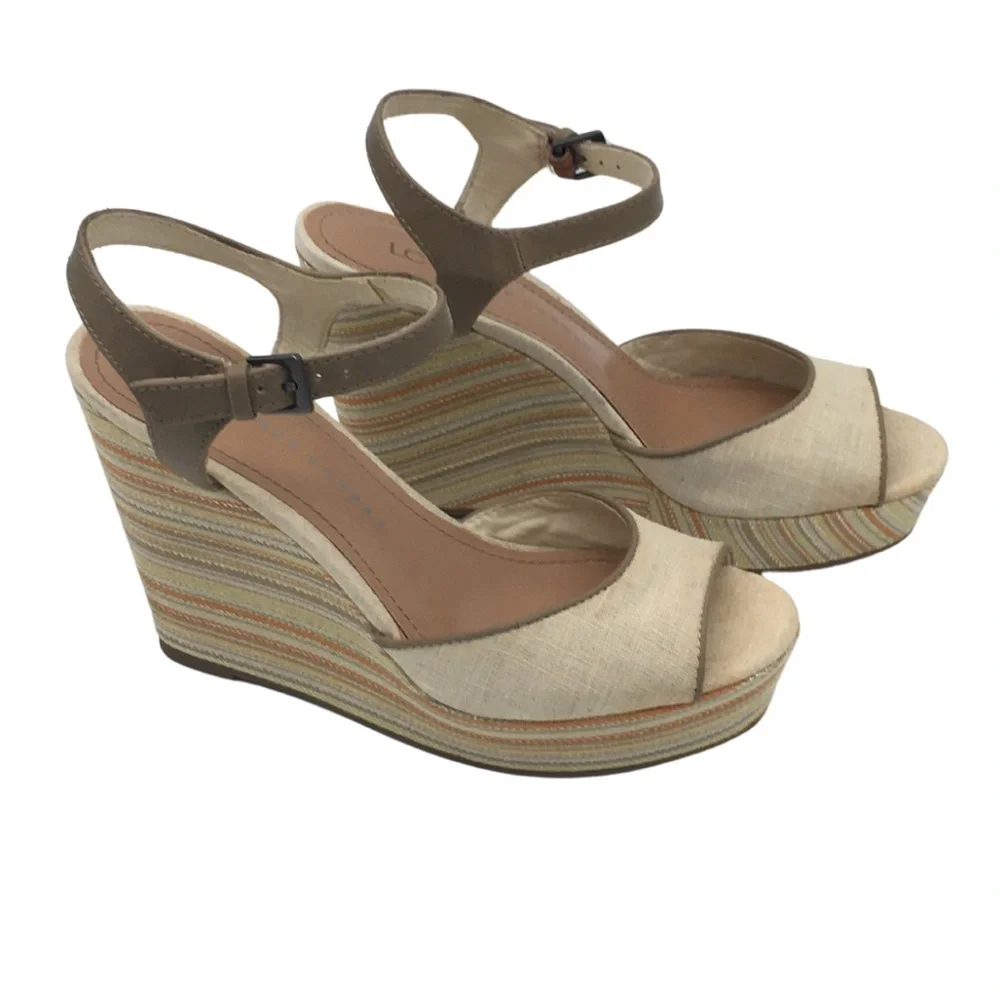 Lauren Conrad Tan Multi Color Peep Toe Platform Wedge size 7